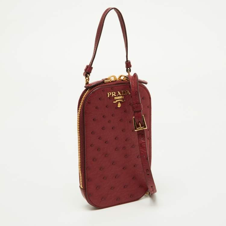 Pre Owned Prada Red Ostrich Leather Logo Phone Crossbody Pouch