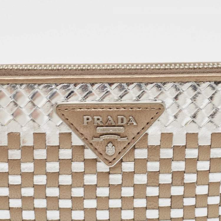 مملوكة مسبقًا Prada Gold/Silver Woven Madras Leather Zip Around Wallet