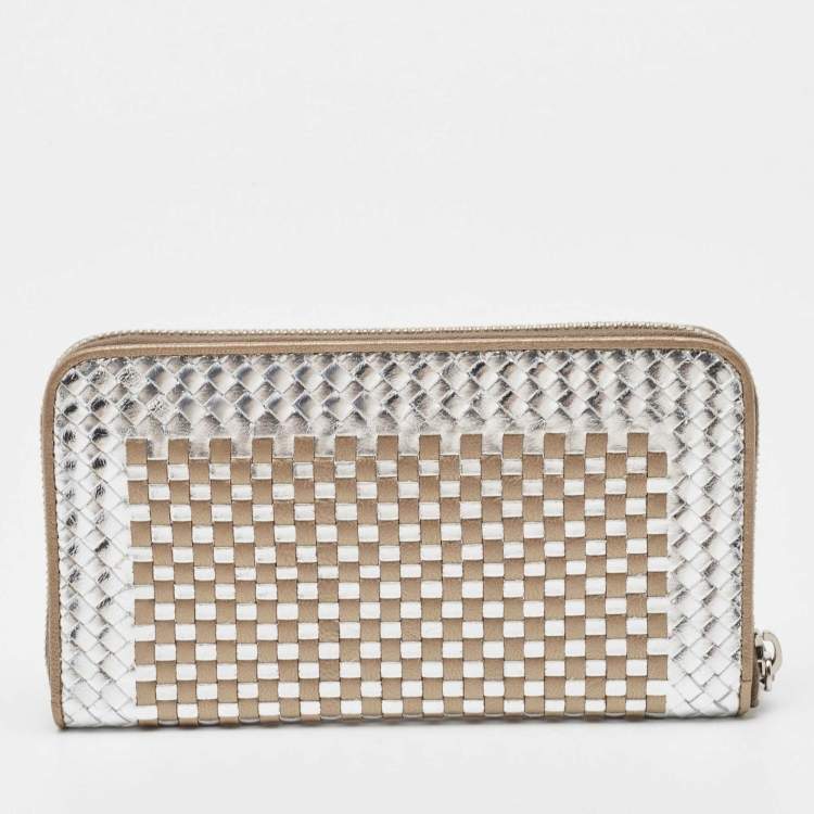 مملوكة مسبقًا Prada Gold/Silver Woven Madras Leather Zip Around Wallet