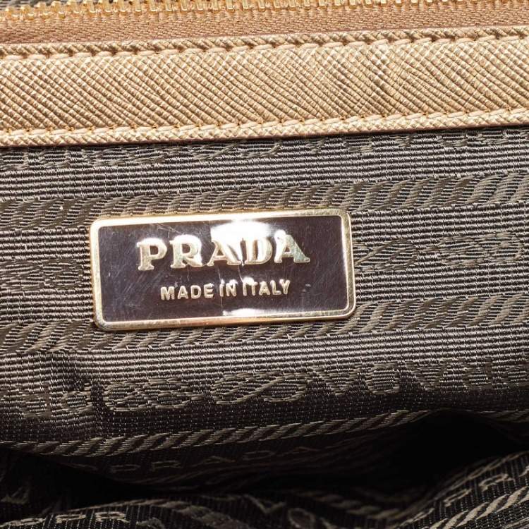 Pre Owned Prada Beige/Gold Canvas and Leather Zip Satchel