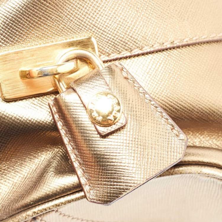 Pre Owned Prada Beige/Gold Canvas and Leather Zip Satchel