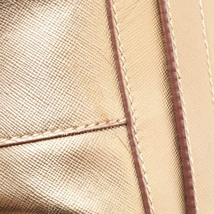 Pre Owned Prada Beige/Gold Canvas and Leather Zip Satchel