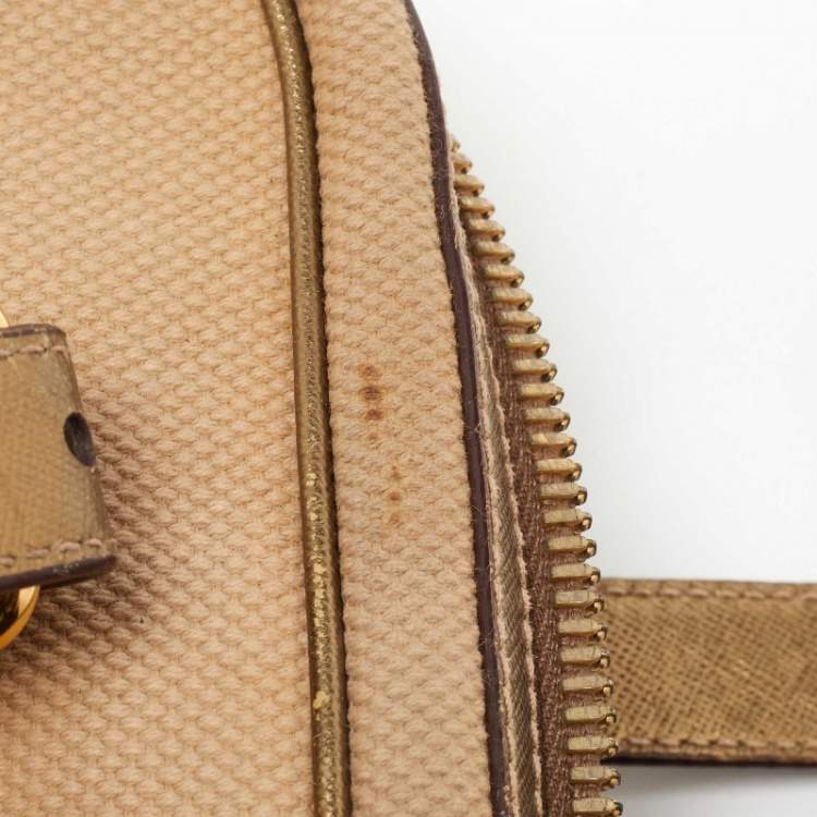 Pre Owned Prada Beige/Gold Canvas and Leather Zip Satchel