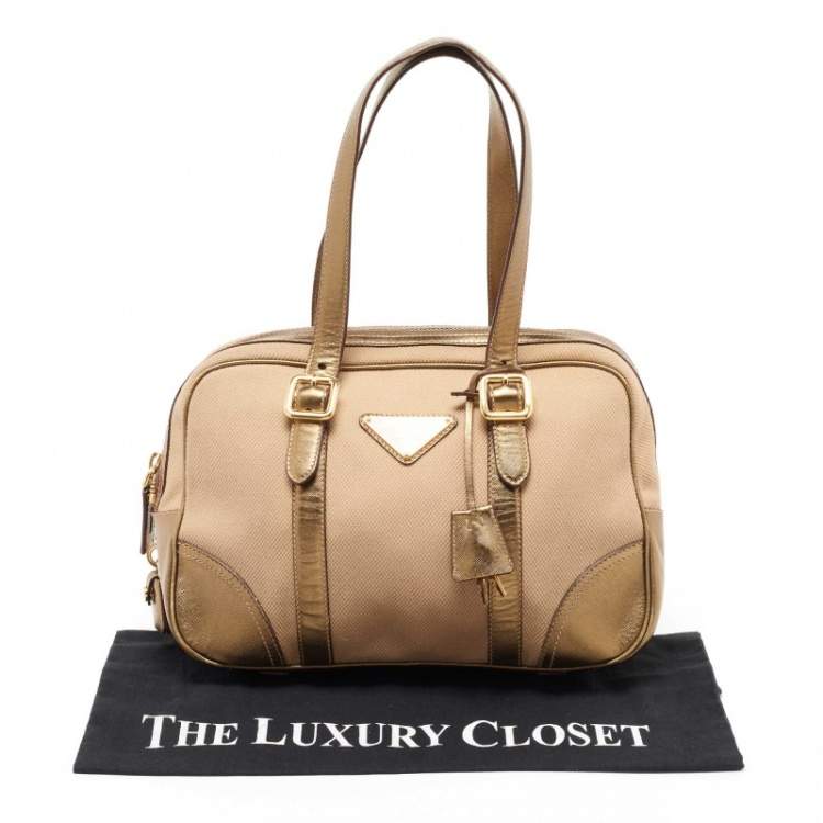 Pre Owned Prada Beige/Gold Canvas and Leather Zip Satchel