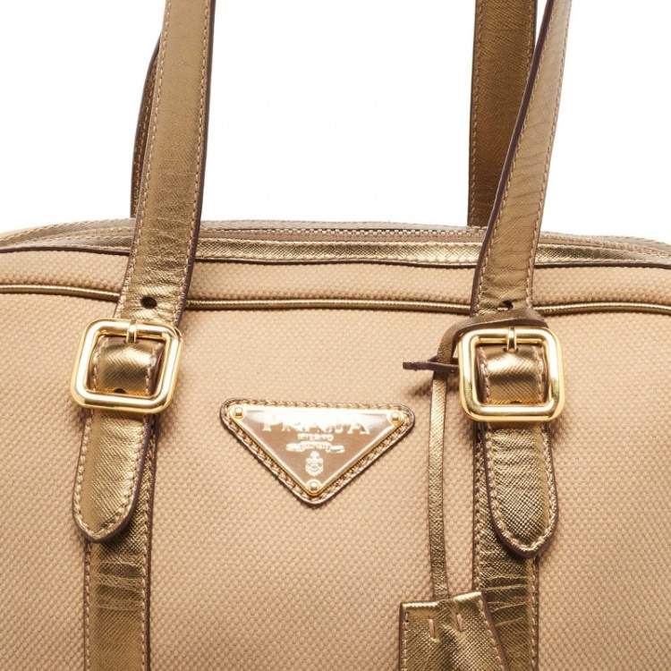 Pre Owned Prada Beige/Gold Canvas and Leather Zip Satchel