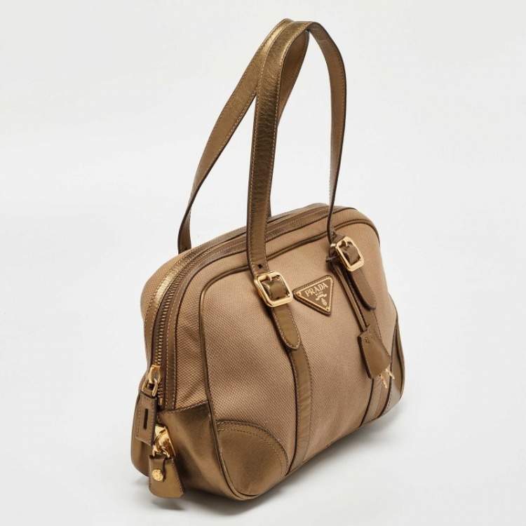 Pre Owned Prada Beige/Gold Canvas and Leather Zip Satchel
