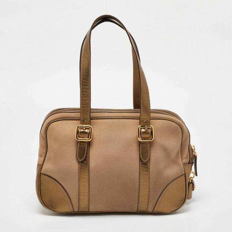 Pre Owned Prada Beige/Gold Canvas and Leather Zip Satchel