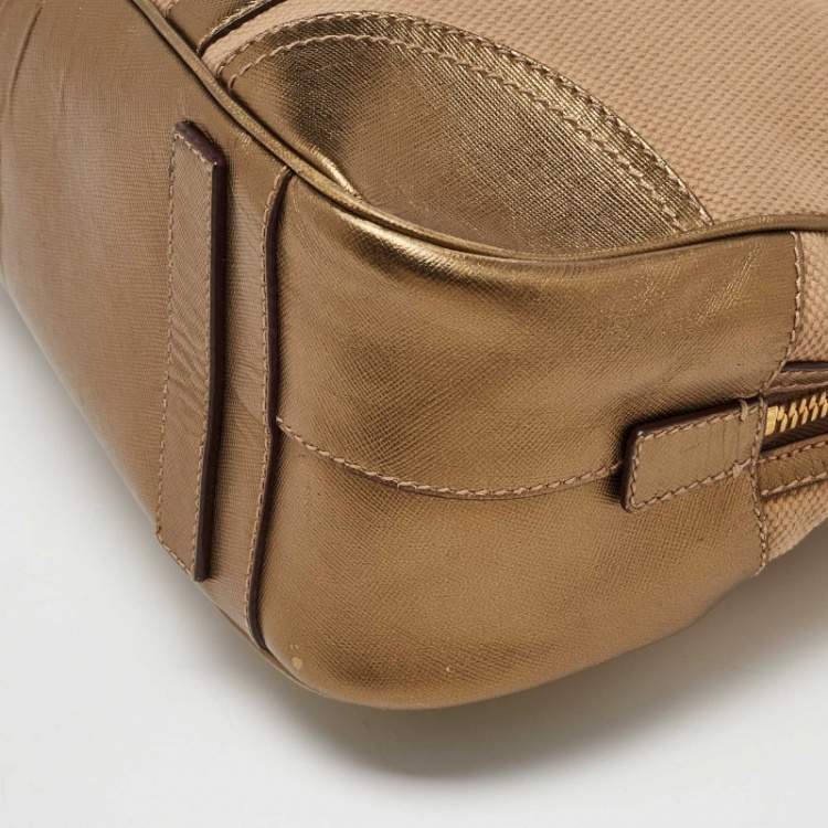 Pre Owned Prada Beige/Gold Canvas and Leather Zip Satchel