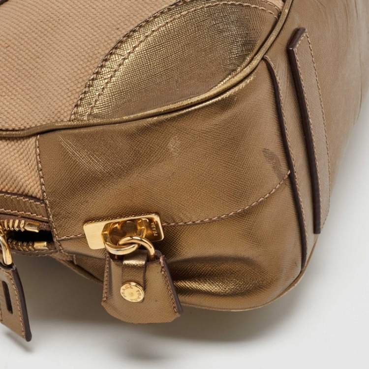 Pre Owned Prada Beige/Gold Canvas and Leather Zip Satchel