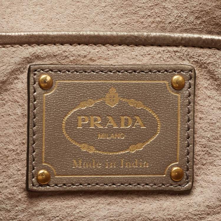 Pre Owned Prada Silver/Two Tone Metallic Beige Madras Leather Tote