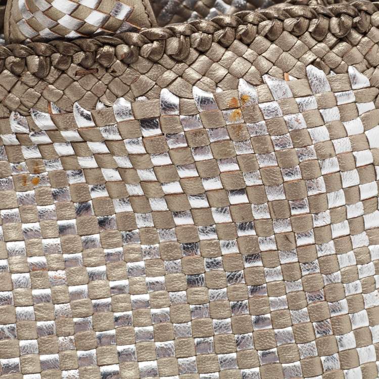 Pre Owned Prada Silver/Two Tone Metallic Beige Madras Leather Tote