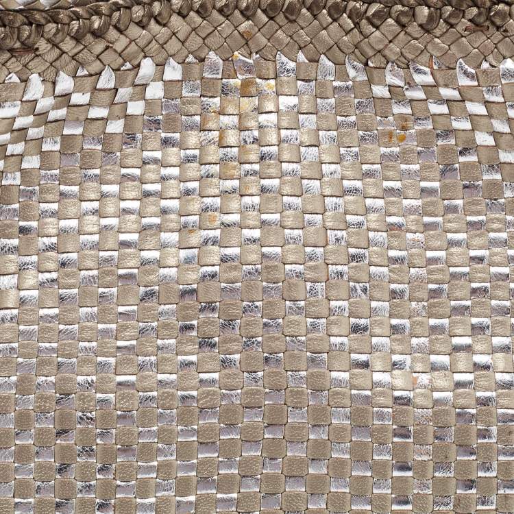 Pre Owned Prada Silver/Two Tone Metallic Beige Madras Leather Tote