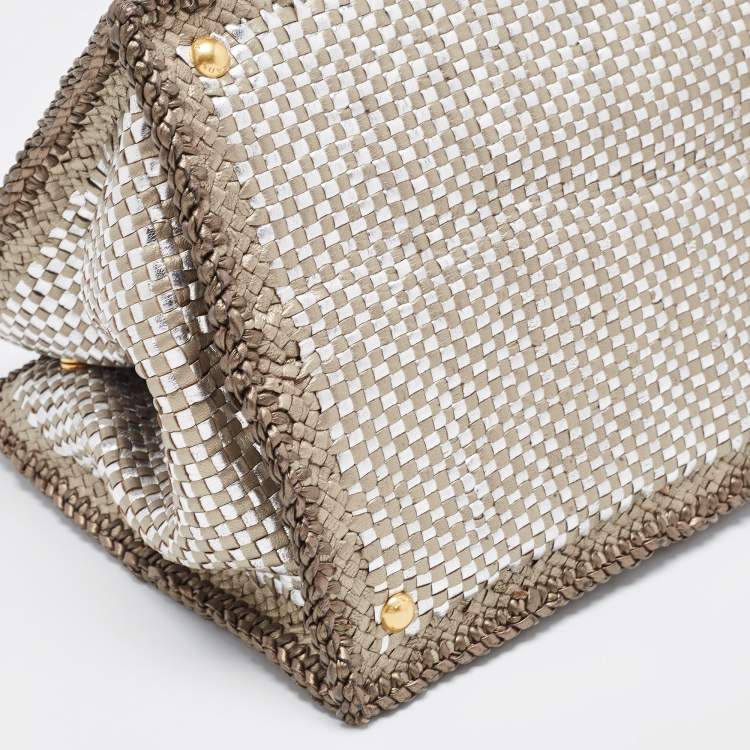 Pre Owned Prada Silver/Two Tone Metallic Beige Madras Leather Tote