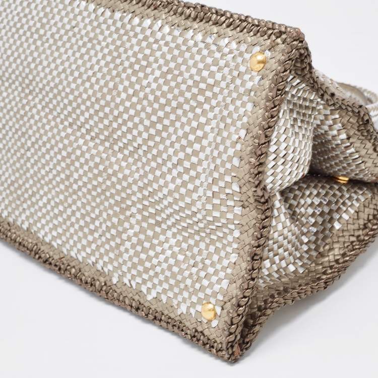 Pre Owned Prada Silver/Two Tone Metallic Beige Madras Leather Tote