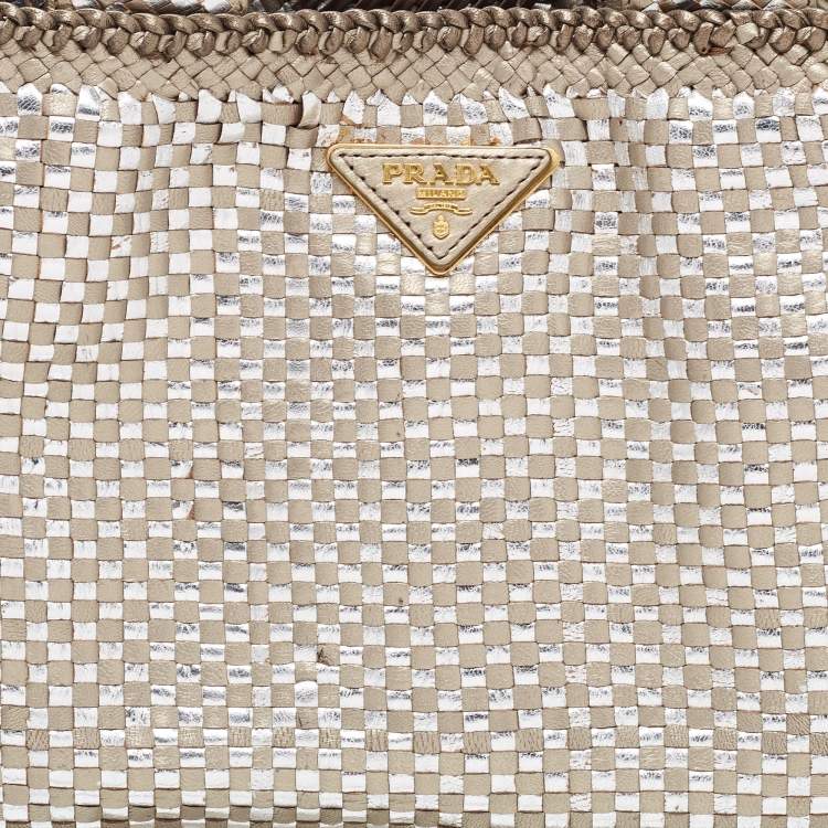 Pre Owned Prada Silver/Two Tone Metallic Beige Madras Leather Tote