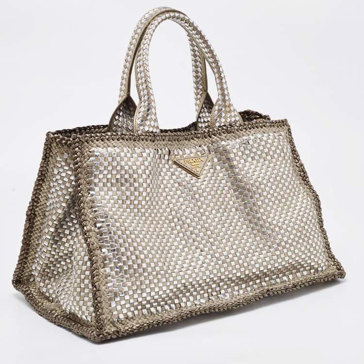 Pre Owned Prada Silver/Two Tone Metallic Beige Madras Leather Tote