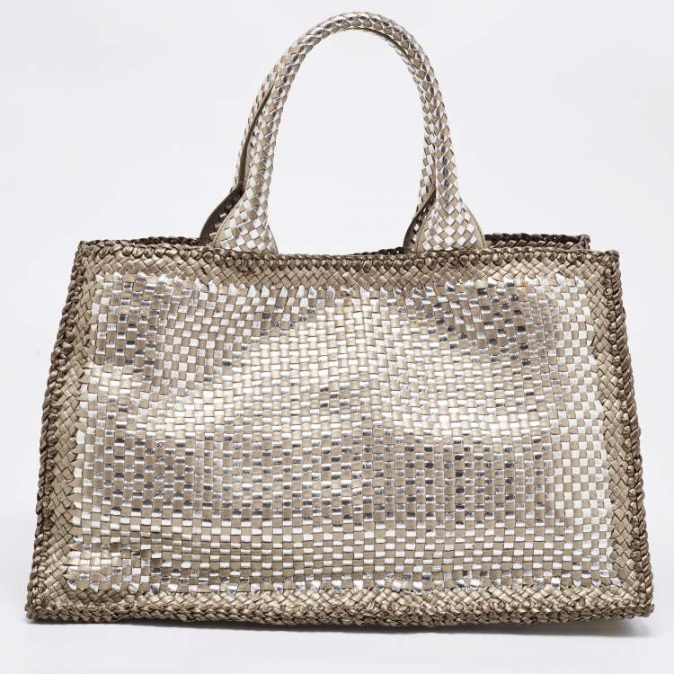 Pre Owned Prada Silver/Two Tone Metallic Beige Madras Leather Tote