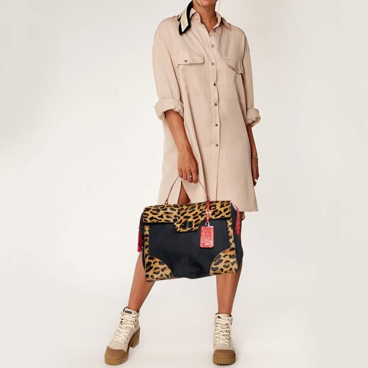 Pre Owned Prada Multicolor Nylon,Calfhair and Ostrich Trim Top Handle Bag