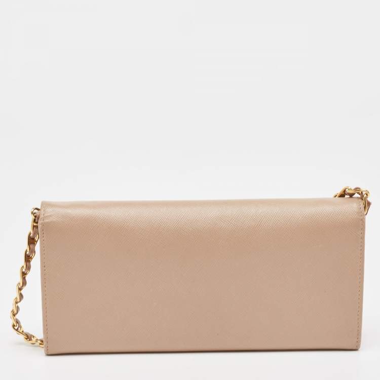 Pre Owned Prada Beige Leather Flap Wallet On Chain