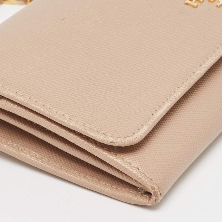 Pre Owned Prada Beige Leather Flap Wallet On Chain