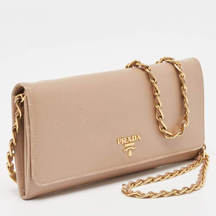 Pre Owned Prada Beige Leather Flap Wallet On Chain