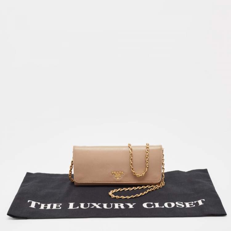 Pre Owned Prada Beige Leather Flap Wallet On Chain