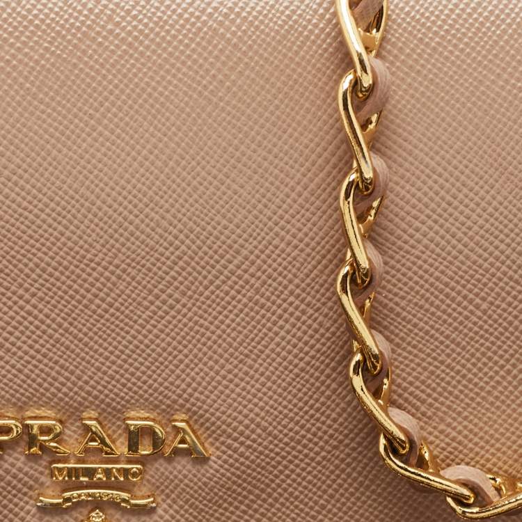 Pre Owned Prada Beige Leather Flap Wallet On Chain