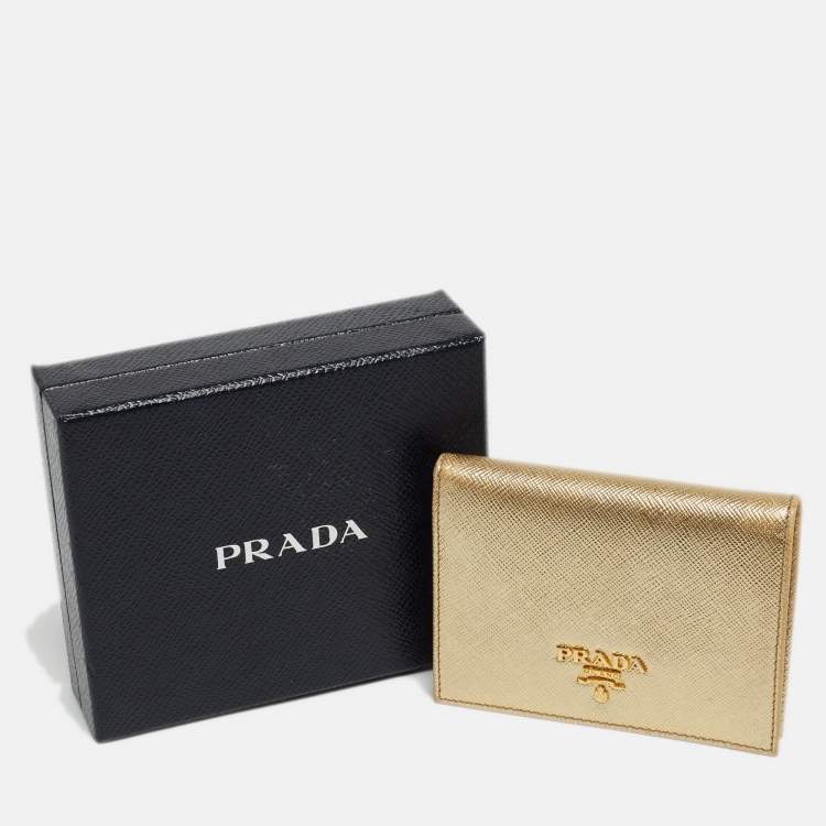 Pre Owned Prada Gold Saffiano Metal Leather Logo Bifold Wallet