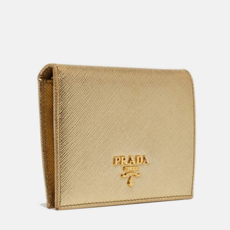 Pre Owned Prada Gold Saffiano Metal Leather Logo Bifold Wallet