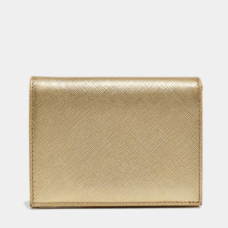 Pre Owned Prada Gold Saffiano Metal Leather Logo Bifold Wallet