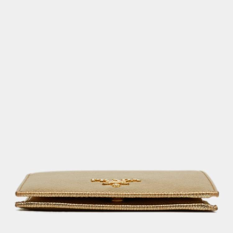 Pre Owned Prada Gold Saffiano Metal Leather Logo Bifold Wallet