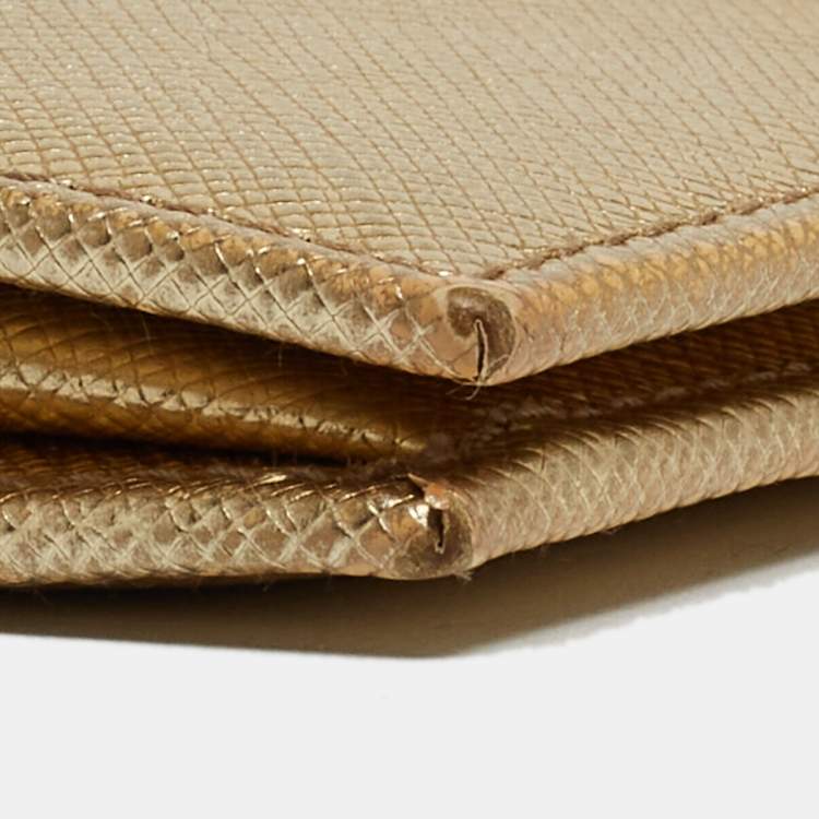 Pre Owned Prada Gold Saffiano Metal Leather Logo Bifold Wallet
