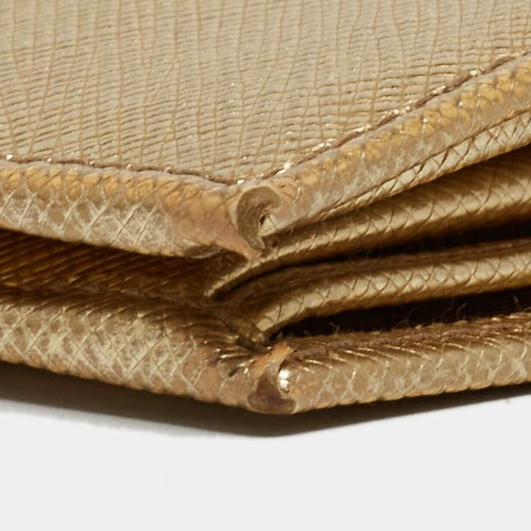 Pre Owned Prada Gold Saffiano Metal Leather Logo Bifold Wallet