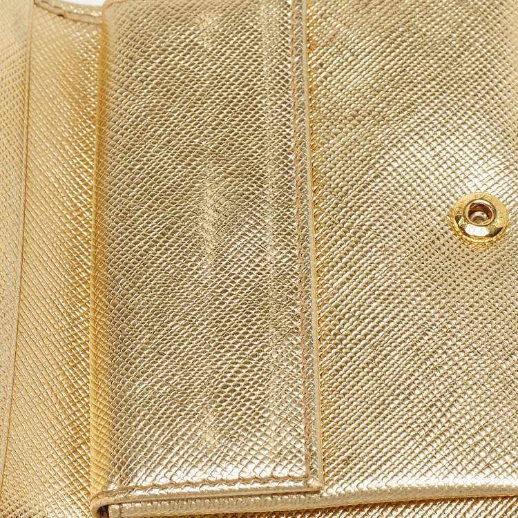 Pre Owned Prada Gold Saffiano Metal Leather Logo Bifold Wallet