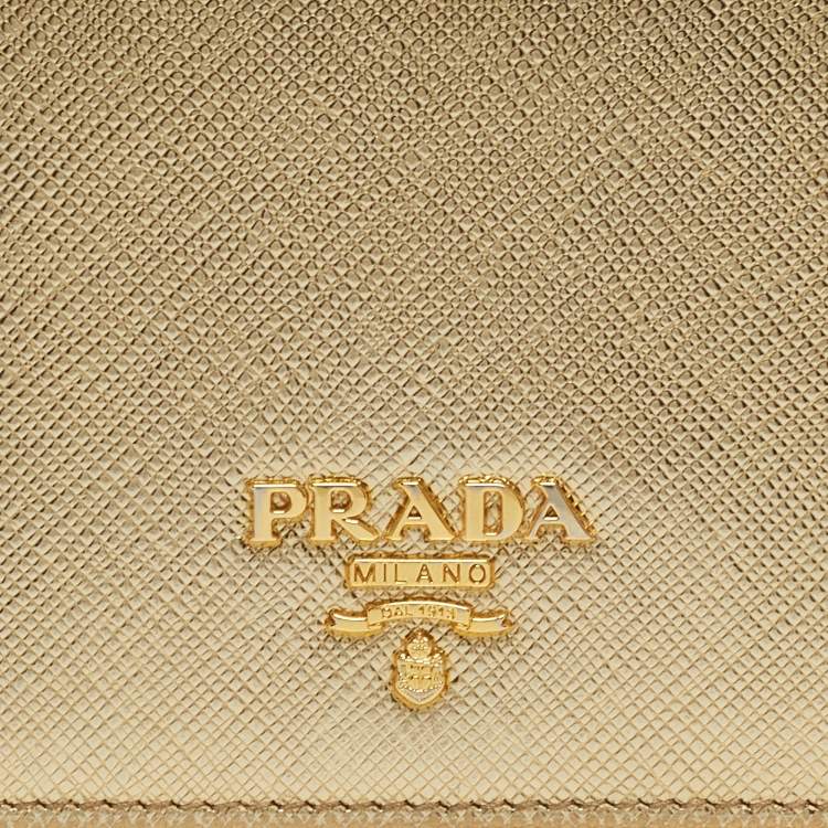 Pre Owned Prada Gold Saffiano Metal Leather Logo Bifold Wallet