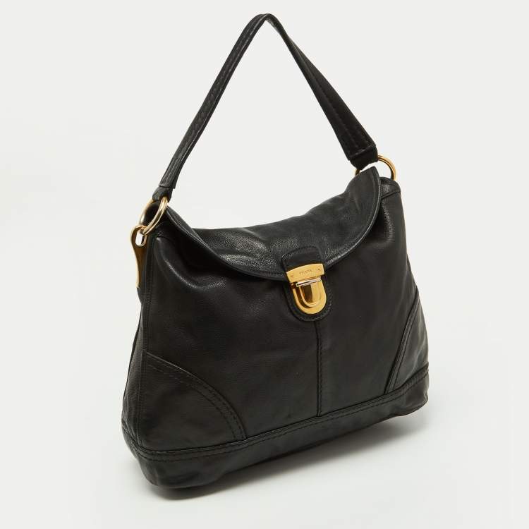 Pre Owned Prada Black Soft Leather Pushlock Flap Hobo