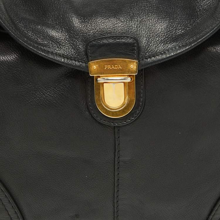 Pre Owned Prada Black Soft Leather Pushlock Flap Hobo