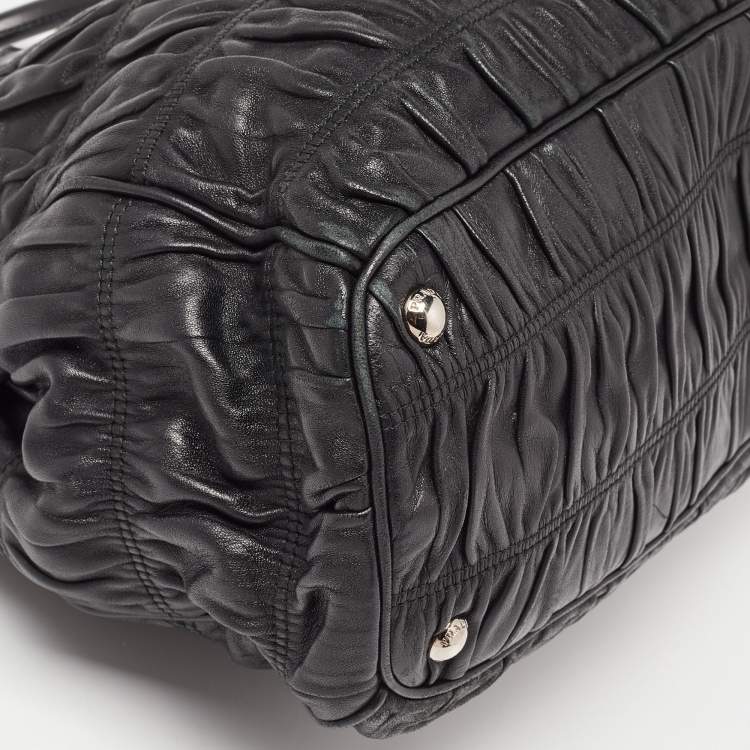 Pre Owned Prada Black Gaufre Leather Double Zip Tote