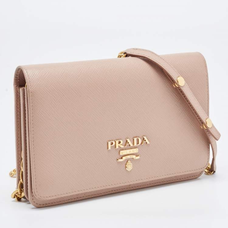 Pre Owned Prada Beige Saffiano Leather Wallet on Chain