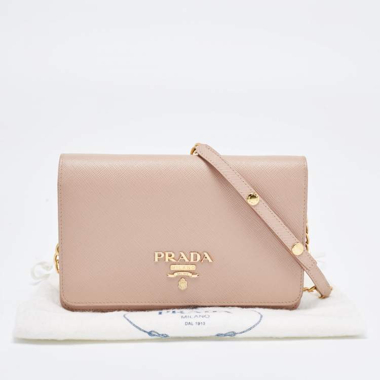 Pre Owned Prada Beige Saffiano Leather Wallet on Chain