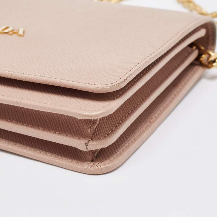 Pre Owned Prada Beige Saffiano Leather Wallet on Chain