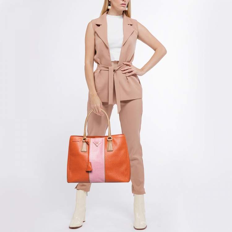 Pre Owned Prada Tricolor Saffiano Lux Leather Perforated Tote