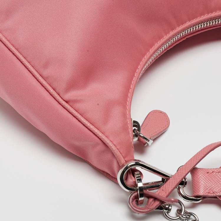 Pre Owned Prada Light Pink Nylon and Leather Re-Edition 2005 Baguette Bag