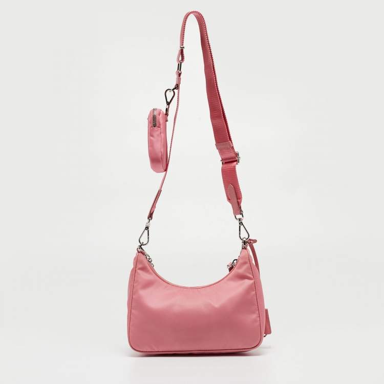 Pre Owned Prada Light Pink Nylon and Leather Re-Edition 2005 Baguette Bag
