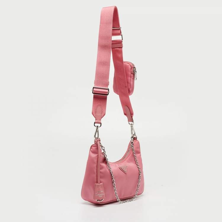 Pre Owned Prada Light Pink Nylon and Leather Re-Edition 2005 Baguette Bag