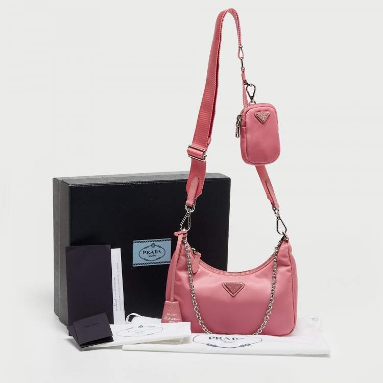 Pre Owned Prada Light Pink Nylon and Leather Re-Edition 2005 Baguette Bag
