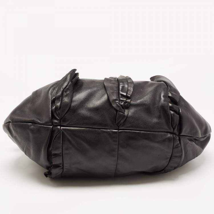 Pre Owned Prada Black Leather Ruffle Shoulder Bag