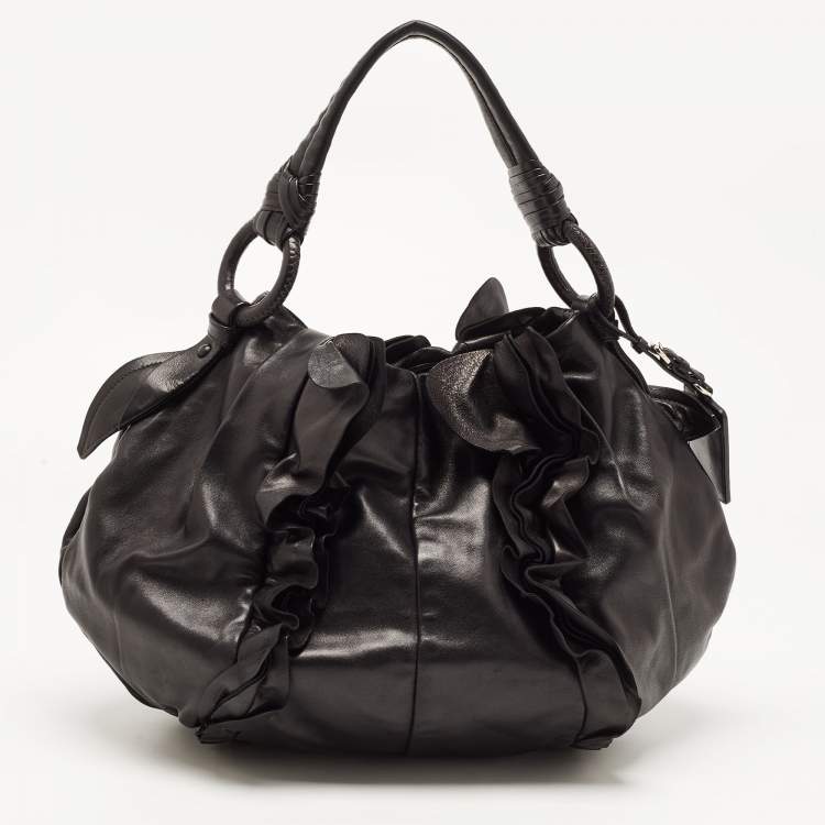 Pre Owned Prada Black Leather Ruffle Shoulder Bag
