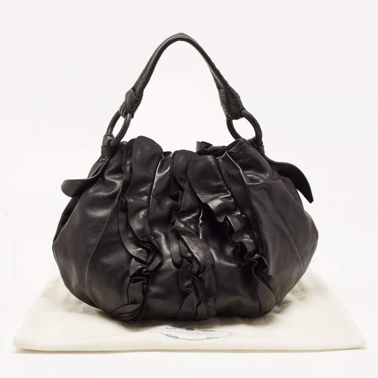 Pre Owned Prada Black Leather Ruffle Shoulder Bag