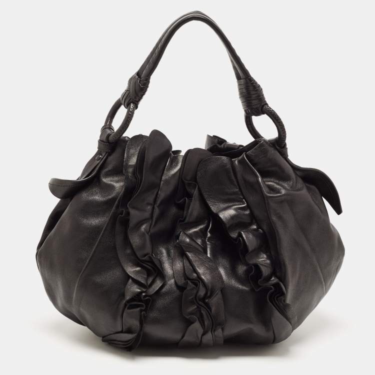 Pre Owned Prada Black Leather Ruffle Shoulder Bag